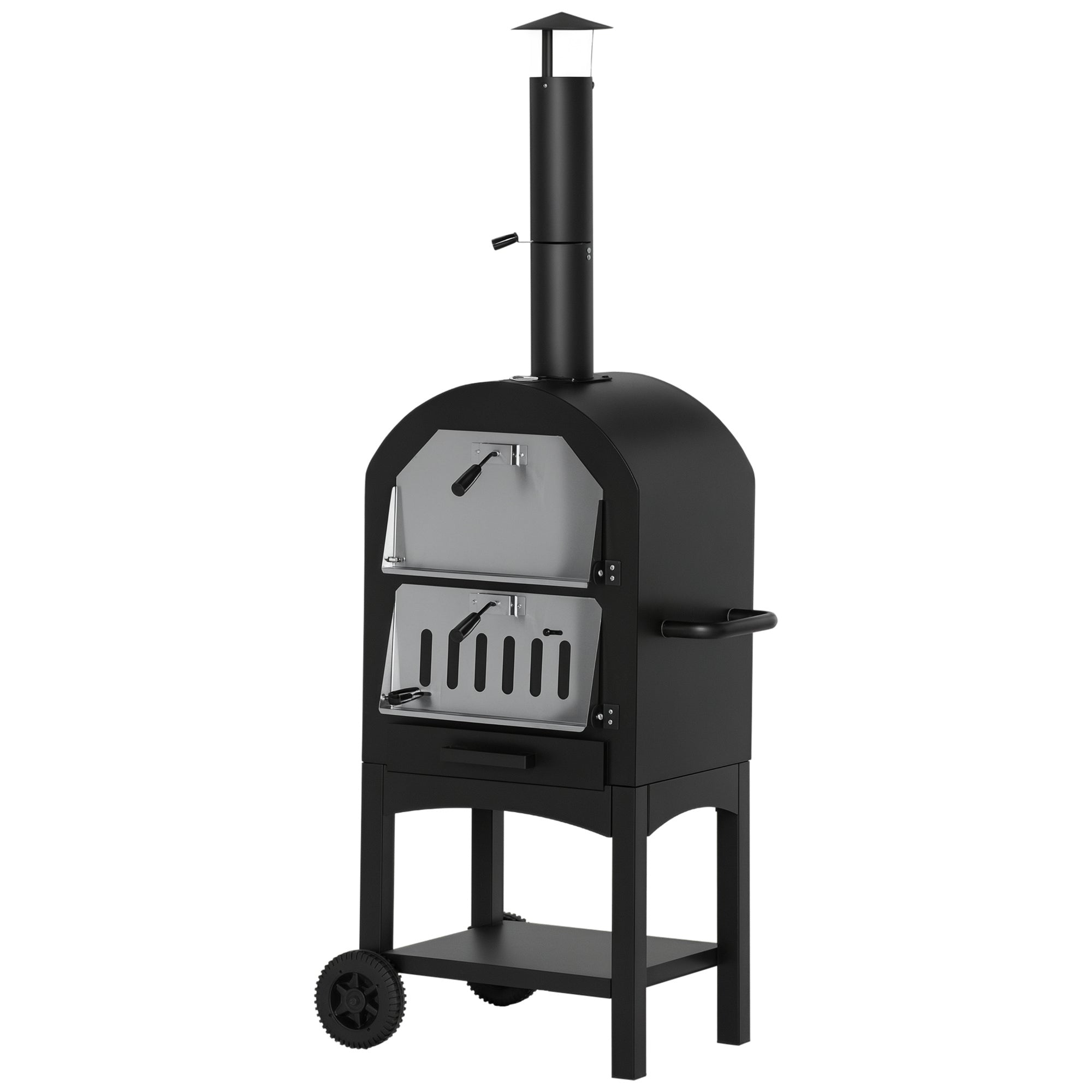 Sort Udendørs Pizzaovn Med Hjul Grillovn Med Beskyttelsesdæksel Pizzaspade Grillnet Grillvogn Med Skorsten Etagers Brændefyret Ovn Til Grill Stål Sølv 161 - Aosom Pizzaspade  - 4251774942577