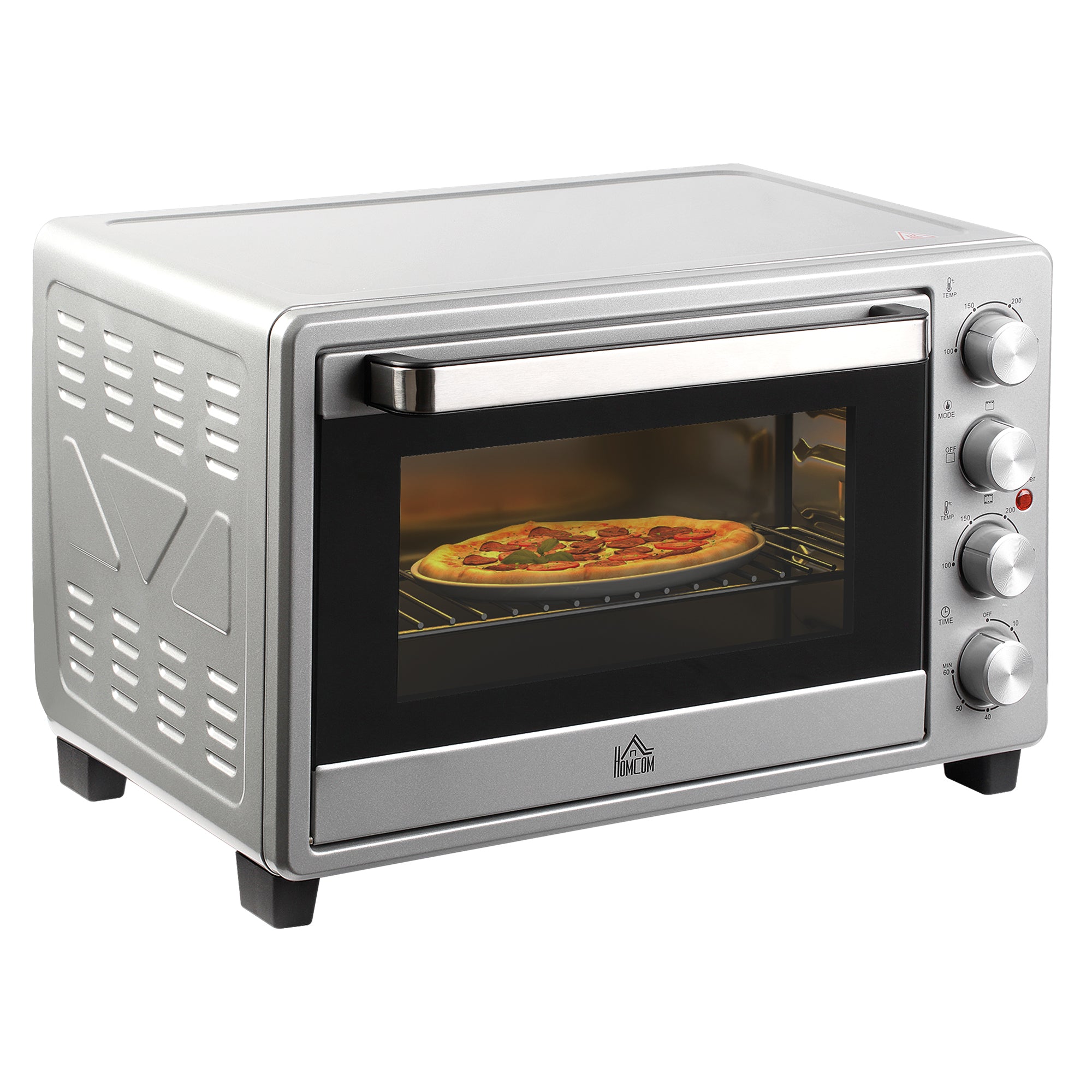 Miniovn 32l 100 230 1600 Miniovn Med Bageplade Krummebakke Grillrist Tilberedningstilstande Pizzaovn Med Timer Bagepladehåndtag Rustfrit Stål Sølv - Aosom Pizzaovn - 4251774920452
